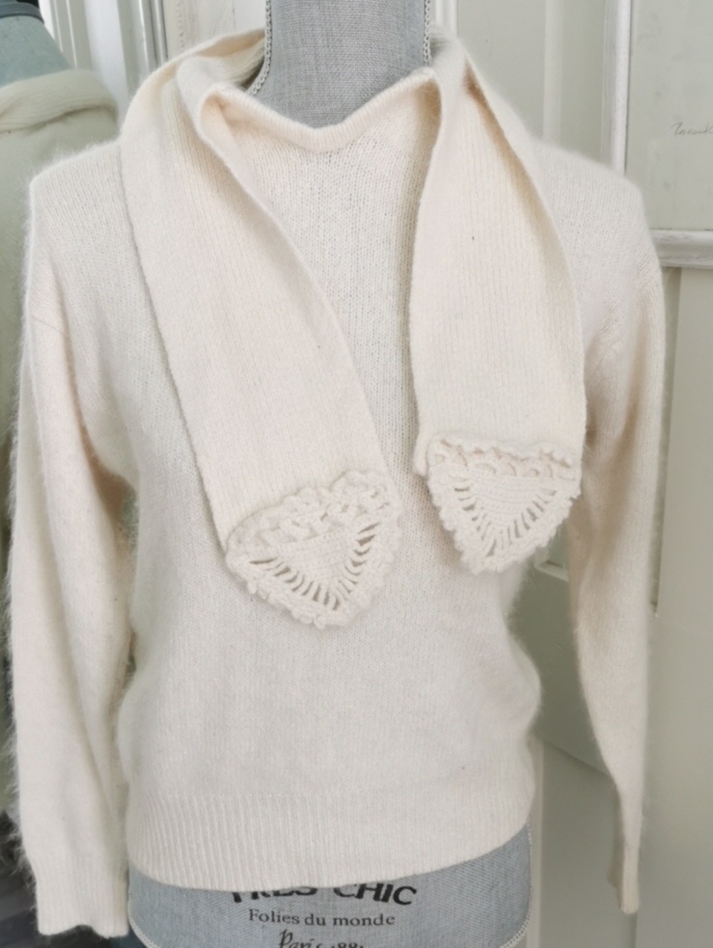 Vintage 80s Piaf Silk Angora Blend Knit Sweater/ Crochet scarf neck. Size S